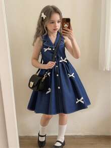 SHEIN Elladie kids 花园女孩夏季新款时尚Polo领露背吊带束腰甜美百搭度假水洗牛仔连衣裙，少女正式连衣裙 - 深色水洗藍 - 查看 11