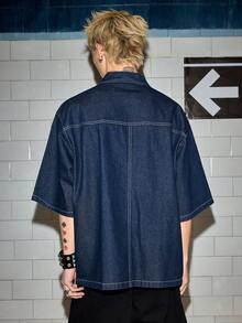 ROMWE MEN Friday the 13th X ROMWE 男士宽松牛仔衬衫，带缎带 - 黑色 - 查看 5