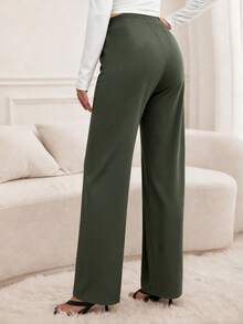 SHEIN Tall 女款純色軍綠色針織直筒長褲，附口袋，優雅舒適，適合高個女性 - 軍綠色 - 查看 2