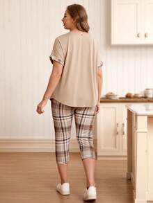 Rosumi Bộ đồ mùa hè cỡ lớn gồm áo thun phối lưới và quần legging kẻ caro, 2 món. - Nhiều màu - Xem 3