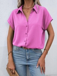 Wandoria Women's Solid Color Minimalist Short Sleeve Shirt, Casual Everyday Wear - Pink - View 3