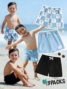 Young Boy 1pcs Solid Color Print Elastic Waist Bow Tie Decor Short Swim Trunks - Multicolor - View 6