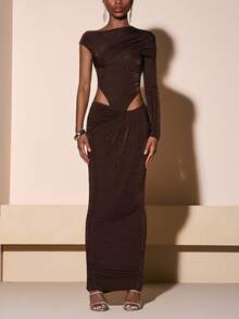 Zivah 2026春夏新款情人节、音乐节、复活节西部波西米亚风纳什维尔派对、婚礼、晚宴、约会、商务休闲单肩长袖褶皱领镂空连体衣+扭腰紧身裙两件套女装 - 咖啡棕 - 查看 5