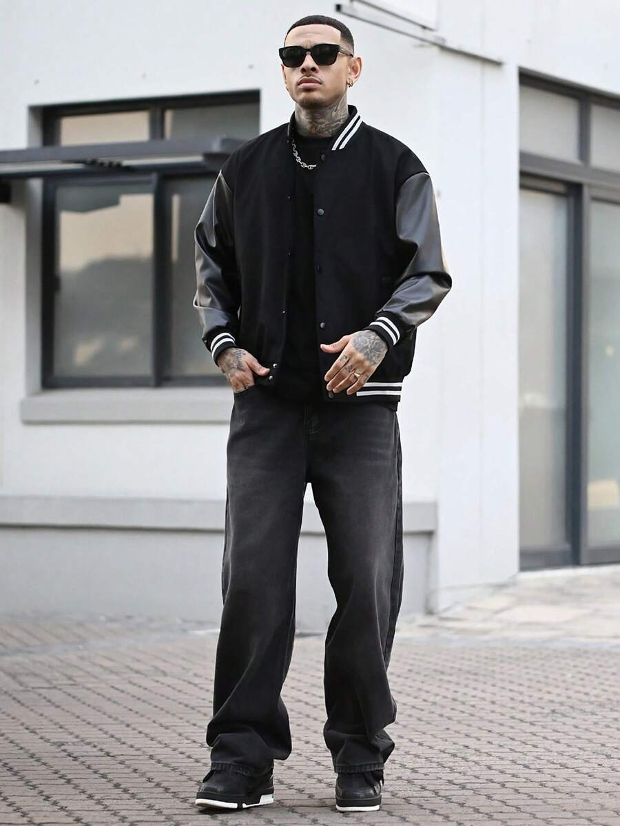 Devon Thys 1 件装男士宽松破洞牛仔休闲阔腿牛仔裤，韩版/日系风格 - 黑色 - 查看 1