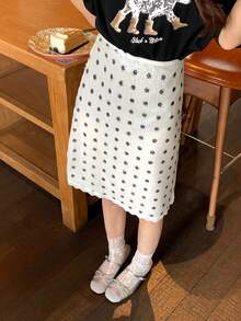 DAZY 女士优雅亮片波点蕾丝半身裙，法式高腰设计 - 白色 - 查看 1