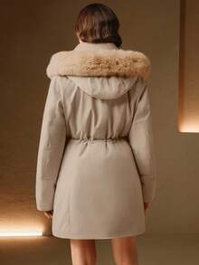 Anewsta 厚实长款蓬松毛领内衬收腰派克大衣，女式冬季夹克 - 米色 - 查看 3