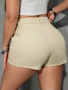 SHEIN PETITE Celana Pendek Denim Kasual Wanita Warna Polos Model Lilit, Musim Panas, Wanita Bertubuh Mungil - Kuning muda - View 2