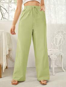 SHEIN Essnce Women's Elastic Waist Drawstring Pocket Loose Casual Pants, Versatile - Lime Green - View 4