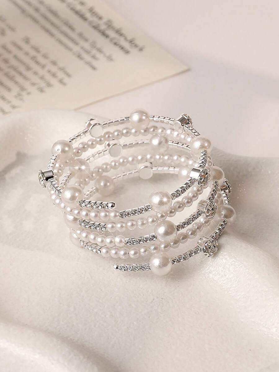 Enchnt 1 件新款时尚 5 排多层水晶珍珠扭纹袖口手链，适合女士和女孩的新娘婚礼礼物 - 銀色 - 查看 1