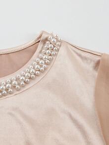 Franclia 女士新款法式领珍珠装饰香槟色缎面连衣裙，雪纺短袖波点印花修身设计，凸显女性曲线，春夏连衣裙，适合朋友聚会、伴娘礼服、婚礼季、约会、宴会等各种场合。 - 香檳色 - 查看 3