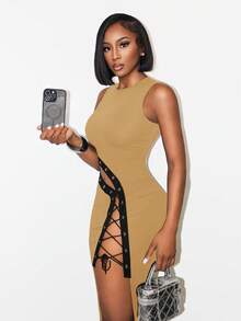 SHEIN BamGlam 女士无袖交叉露背连衣裙 - 卡其色 - 查看 5