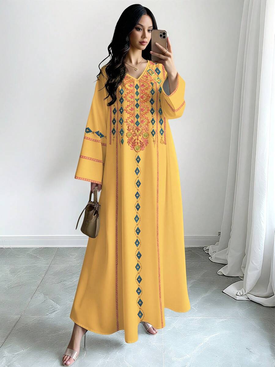 SHEIN Najma 花卉几何条纹刺绣印花黄色长款连衣裙,优雅V领长袖连衣裙,时尚阿拉伯风格连衣裙,适合春夏穿着 - 彩色 - 查看 1