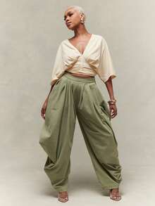 Vixey Drop Shoulder V Neck Quarter Sleeve Cinched Waist Top - Apricot - View 3