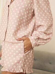 Aralina Polka Dot Long Sleeve Top And Ruffle Shorts Pajama Set - Pink - View 4