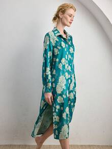 Ocili Women's Jacquard Collar Single-Breasted Casual Everyday Loungewear Nightgown Dress - Dark Green - View 6