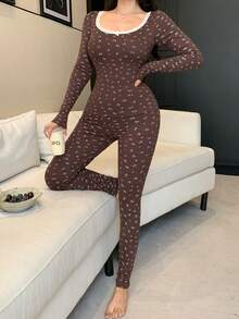 DAZY 2pcs Women Floral Lace Patchwork Slim Fit Long Sleeve Top And Long Pants Pajama Set - Coffee Brown - View 8