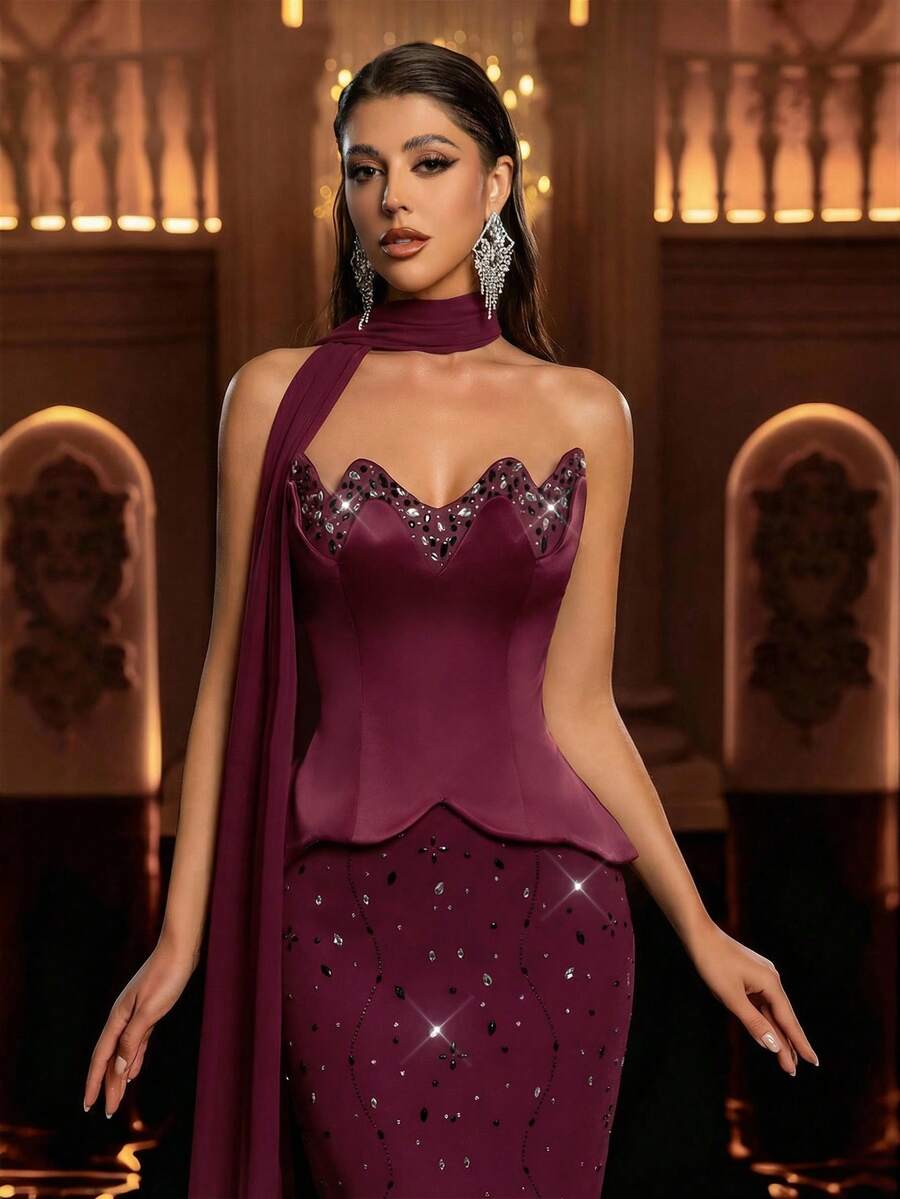 Glamrae Elegant, Luxurious, Colorful Rhinestone Embellished Strapless Mermaid Dress, Suitable For Weddings, Parties, Vacations, Galas, Formal Events (Heavy Embellishment) - Burgundy - View 1