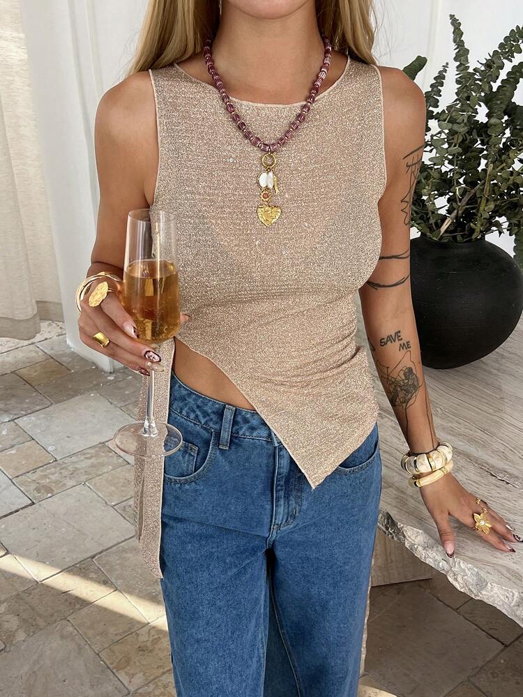 Women's Summer Round Neck Sleeveless Textured Fabric Side Tie Casual Camisole