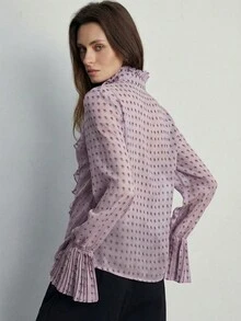 Aveloria Modichic Elegant Oversized Paisley & Cashew Flower Print Chiffon Layered Ruffle Collar Front Button Blouse, Vintage Style For Women - Purple - View 6