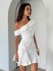 Aloruh Damklänning med ny, vit broderad, virkad asymmetrisk miniklänning med A-linjeform, lämplig för semester, strand, vardagskläder, vår/sommar - Vitt - Visa 5