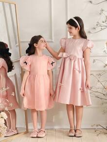 Glamorique Kids 小女孩夏季粉色泡泡袖网纱连衣裙，带蝴蝶结，可爱公主蓬蓬裙 - 粉色 - 查看 4