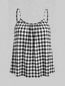 SHEIN EZwear 3件套加大码女式褶皱宽松吊带背心，黑色+雾霾蓝+黑白格子图案，可调节肩带，适合春夏穿着 - 彩色 - 查看 3
