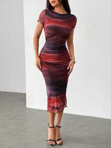 SHEIN PETITE Đầm dài tay ngắn in họa tiết lưới thời trang cho nữ, quần áo nữ mùa xuân/hè, trang phục mùa hè, đầm công sở, đầm midi, đầm đi biển, đầm dự tiệc, đầm tốt nghiệp, đầm công sở cho nữ, đầm sân bay, đầm tuần trăng mật cho nữ, đầm phong cách boho, đầm hè cho nữ - Nhiều màu - Xem 3