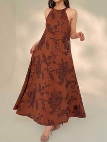 DAZY Women's Elegant Sequin Floral Embroidery Halter Dress, Summer Sundress - Brown - View 6