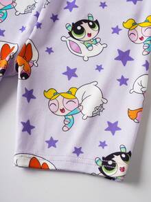 THE POWERPUFF GIRLS X SHEIN Young Girl Cute Cartoon Star Allover Print Contrast Trim Short Sleeve Half Button-Front Romper Pajama, Summer - Purple - View 7