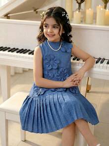 Girls' Cute Niche Design Sky Blue Sleeveless Dress With 3D Floral Decor,Stand Collar Pleated Hem Skirt,Elegant Summer Party Kids Everyday Wear - Blue - View 3