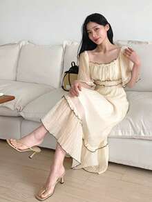 DAZY Women's Patchwork Contrast Color Ruffle Hem Waist Midi Dress Sundress - Yellow - View 2