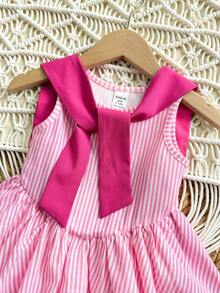 SHEIN Bộ áo liền quần 2 trong 1 kiểu dáng mùa hè dễ thương cho bé gái, phối màu sọc, kiểu dáng sinh viên. - Hồng - Xem 8