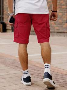 Manfinity Homme Men's Loose Fit Drawstring Waist Flip Pocket Cargo Shorts Red Summer Outfits For Men Streetwear Men Shorts Men Cargo Short Pants Men's Red Jogger Shorts Red Shorts For Men - Red - View 2