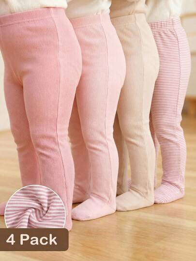 SHEIN 4件装新生女婴纯色连体裤，白色、粉色、黑色、灰色可选 - 柔软弹力罗纹针织面料，舒适贴合，四季皆宜，可爱简约，百搭实用，性价比高，适合居家、外出、度假、日常穿着，0-3个月，春夏新品，女婴服装套装