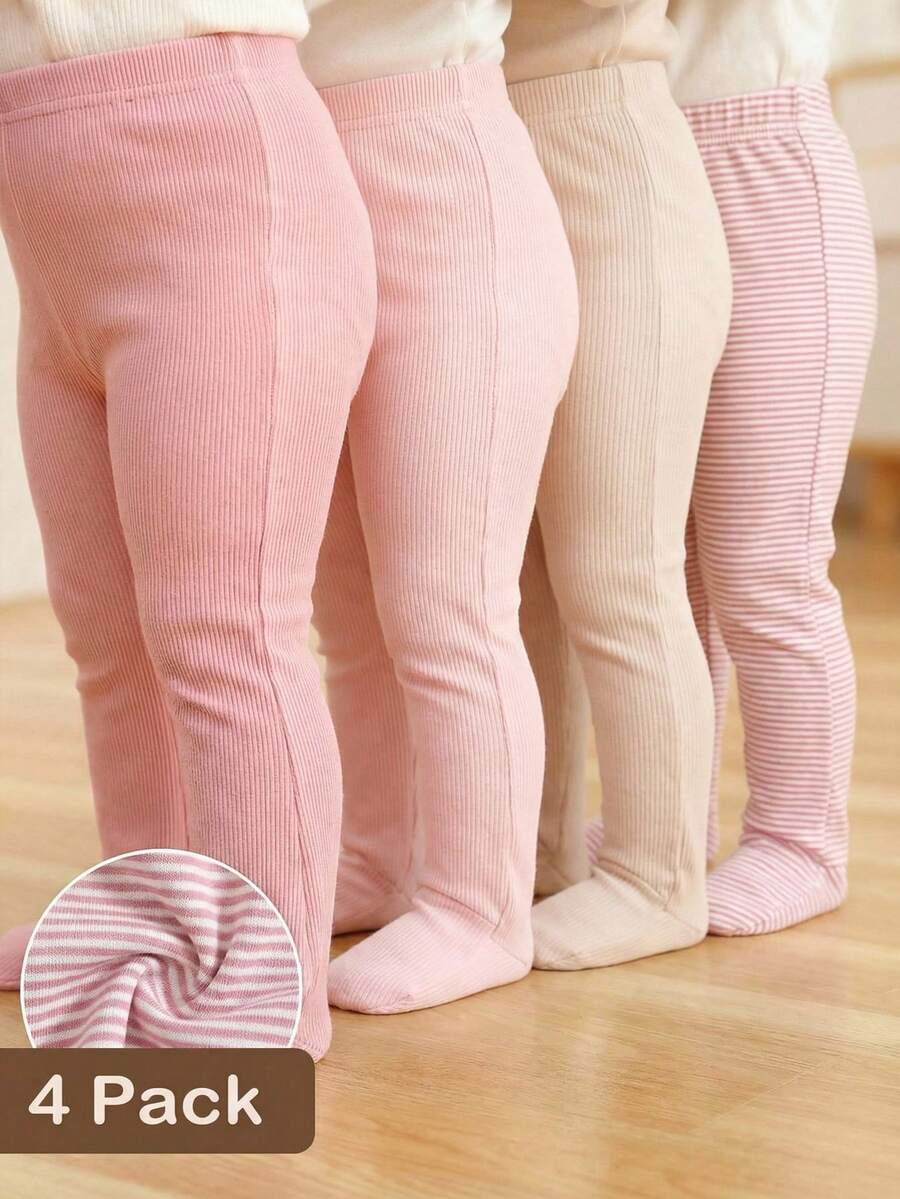 SHEIN 4pcs/Pack Newborn Baby Girls Footie Leggings,Soft Stretchy Ribbed Knit Fabric Solid Color Comfortable Fit Pants,Versatile Daily Wear,0-3 Months - Multicolor - View 1