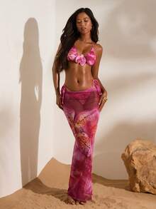 Opulessa 女士印花性感比基尼套装，适合海滩度假 - 玫紅色 - 查看 7