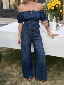 DAZY Women's Summer Off Shoulder Short Sleeve Tie-Up Denim Top And Loose Wide-Leg Pants Casual Vacation Denim Set - Dark Wash - View 2