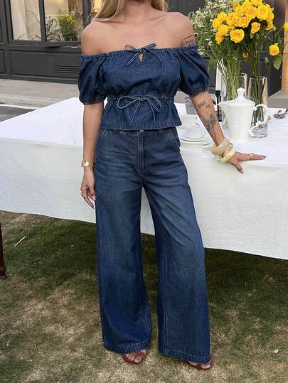 DAZY Women's Summer Off Shoulder Short Sleeve Tie-Up Denim Top And Loose Wide-Leg Pants Casual Vacation Denim Set