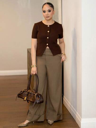 Melissa Matos 女士纯色圆领前扣休闲短袖薄款开衫