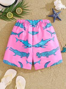 SHEIN Bubblio Conjunto de maiô infantil masculino, modelo justo com estampa de crocodilo, ideal para férias casuais, passeios ao ar livre, festas, viagens de verão à praia e para a primavera/verão. - Rosa - Ver 4