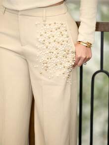 Melissa Matos 现代时尚珍珠装饰口袋女士优雅压褶裤 - 奶油色 - 查看 5