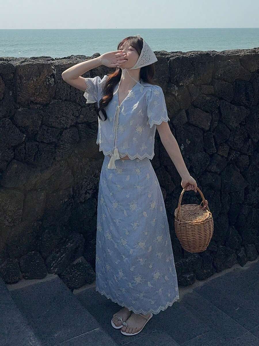 DAZY 女士条纹短泡泡袖流苏前系带上衣和半裙休闲两件套 - 藍色 - 查看 1