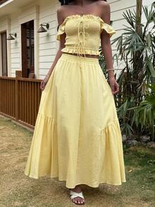Livesso Women's Pale Yellow Summer Boho Beach Vacation Holiday Ruffle Trim Tie-Up Top And Casual Skirt 2-Piece Set,Off The Shoulder Vacation Outfits - Yellow - View 3