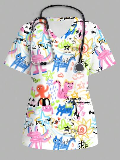 Poshira Cartoon Graffiti Print Short Sleeve Scrub Uniform Top