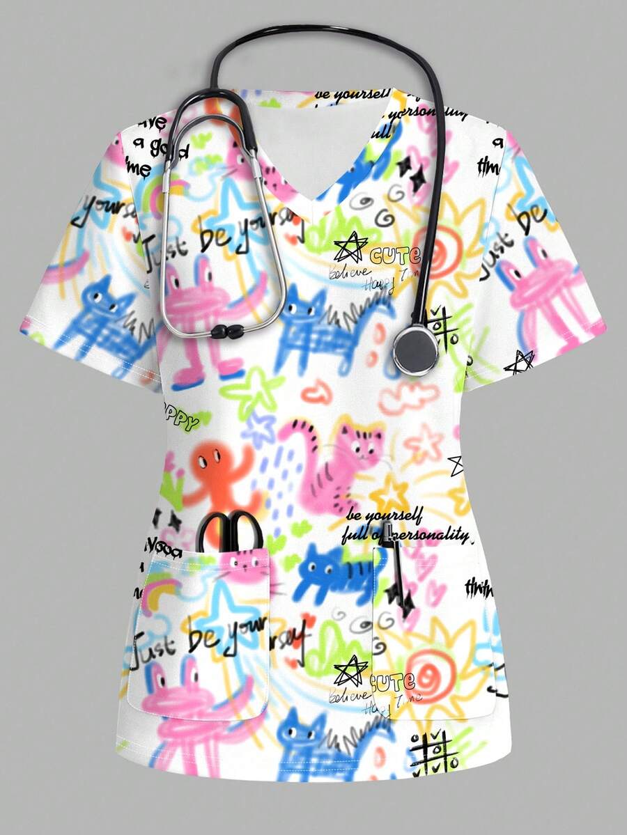 PopScrub Cartoon Graffiti Print Short Sleeve Scrub Uniform Top - Multicolor - View 1
