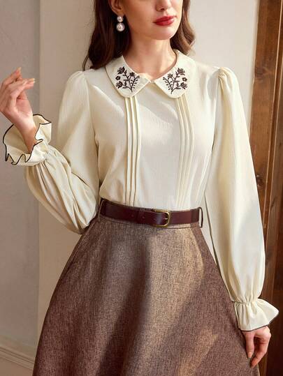 Vintamour Vintage Classic Elegant Women's Embroidered Collar Shirt, Fitted Autumn/Winter Striped Workmanship Shirt, Apricot Long Sleeve Blouse