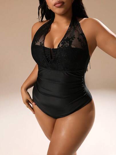 Auralis Plus Size Women Beach Holiday Halter One-Piece Swimsuit Spring/Summer Outfit Women Spring Swimsuit For Women