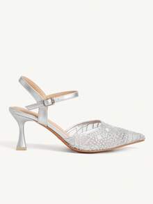 CUCCOO CHICEST Women's Pointed Toe Silver Embroidered Mesh Ankle Strap Comfortable Breathable Fashion Elegant Party Banquet High Heel Pumps - Silver - View 3