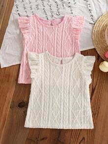 2 Piece Set Toddler Girl Tween Girls Outfit Sweet Y2K Style Pink White Diamond Cable Knit Flutter Ruffle Cap Sleeve Soft Thick Tops Shirts Blusas Summer Clothes Tops Daily Vacation Beach Wear For Spring Summer - Multicolor - View 1