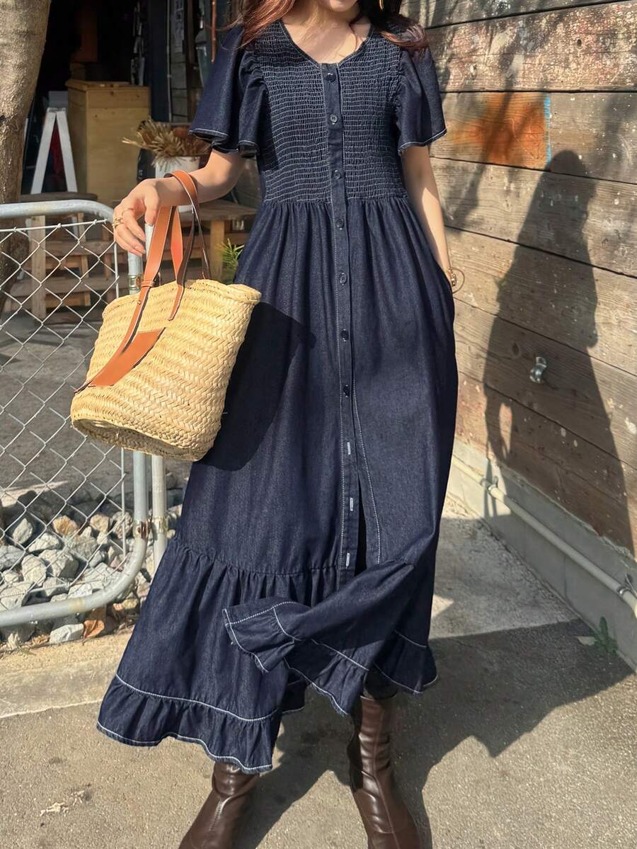 FRIFUL 女士圆领荷叶边短袖单排扣休闲牛仔连衣裙 - 藍色 - 查看 1
